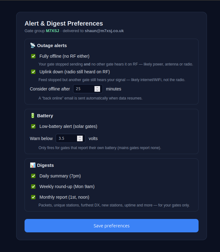 The Alert & Digest preferences page — outage, battery and digest toggles with your own thresholds.